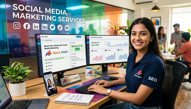 Social media marketing strategy showing content creation, audience engagement, brand promotion, and analytics for business growth